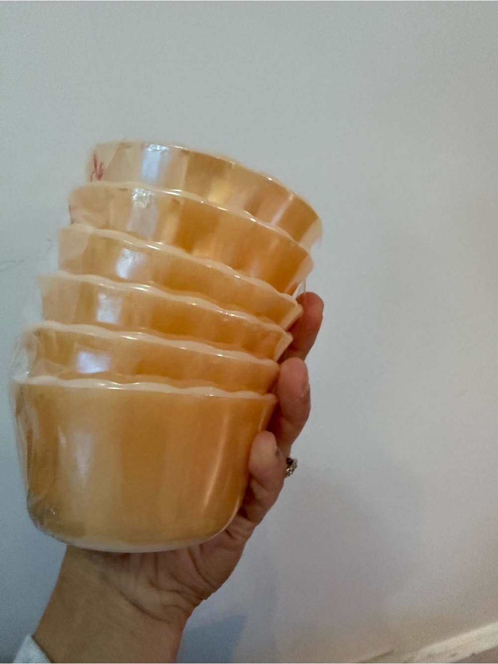 Set of 6 VTG Fire King Peach Lustre 6 Oz Dessert Custard Cup Scalloped Rim 4”